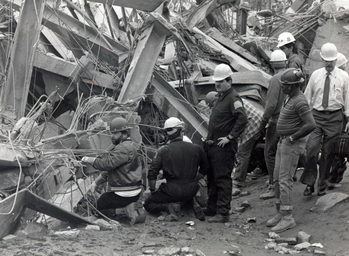 File photograph of the L'Ambiance Plaze collapse, in Bridgeport, Conn. The collapse, on April 23rd, 1987, killed 28 construction workers.