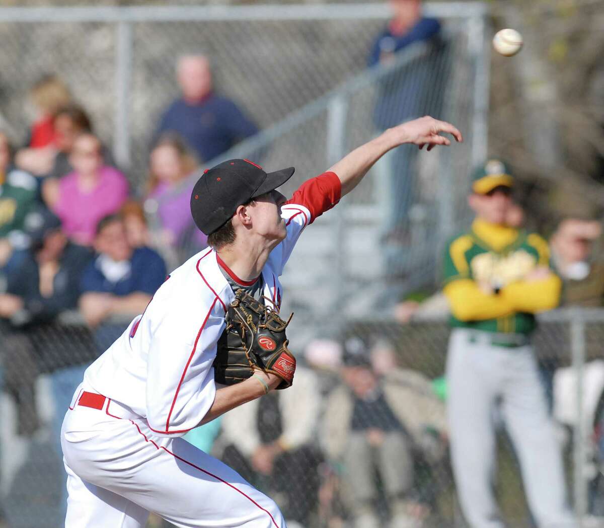 Greenwich pitcher Ryan Marks throws during high school baseball game between Greenwich High School and Trinity Catholic High School at Greenwich, Friday afternoon, April 13, 2012.