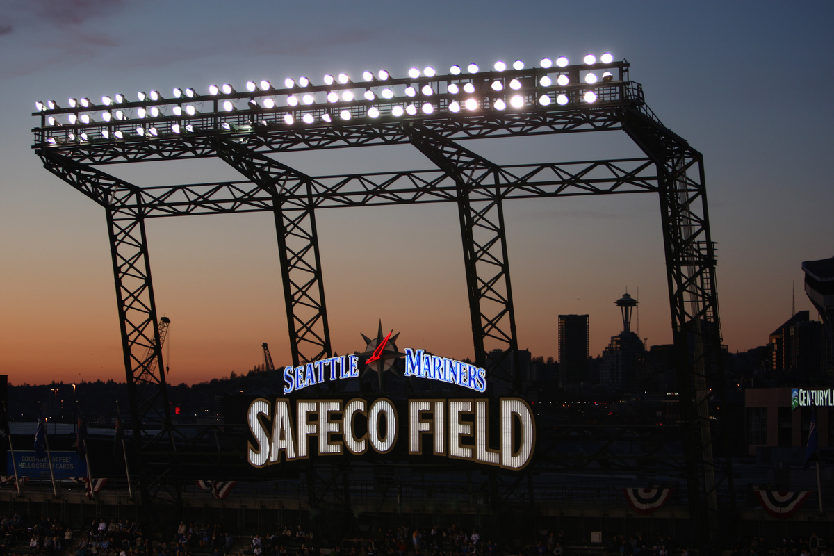 Moose, the Seattle Mariners' mascot, greets George The Moose Man King  outside Safeco Field prior to the Mariners' home opener MLB baseball game  against the Oakland Athletics, Friday, April 13, 2012, in