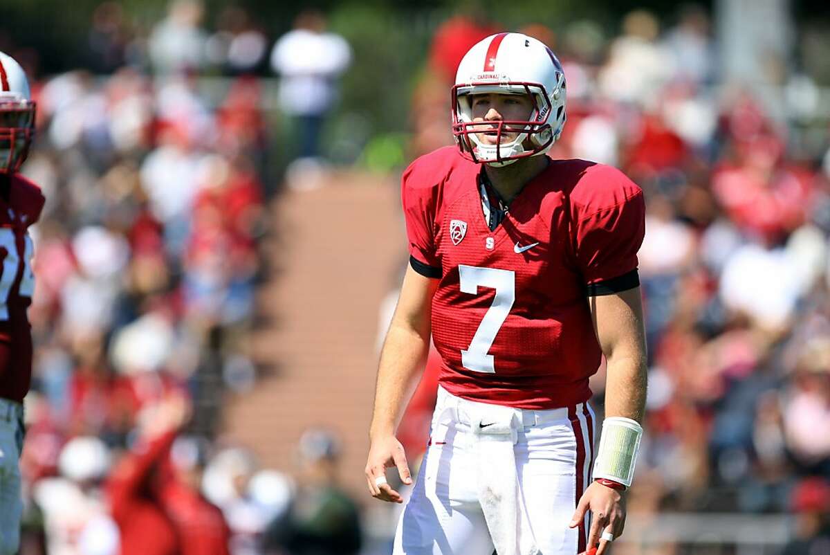 Stanford's quarterback Brett Nottingham regroups for a play during an intrasquad spring game at Kezar Stadium in San Francisco, Calif., on April 14, 2012. Stanford's defense (white uniform), won the game 37-29.