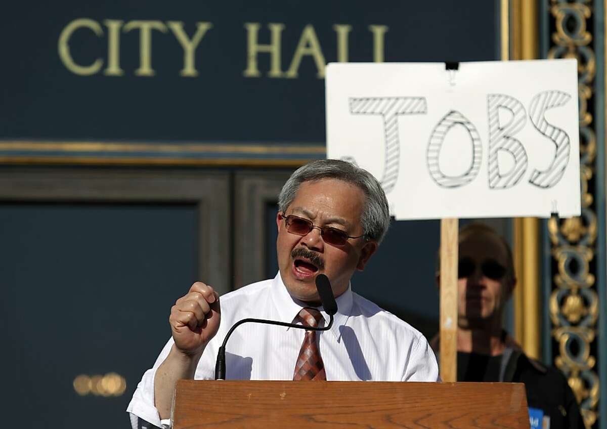 Mayor Ed Lee speaks in support of labor and healthcare union members at a rally on the steps of City Hall in support of rebuilding two hospitals on Thursday, April 5, 2012 in San Francisco, Calif.