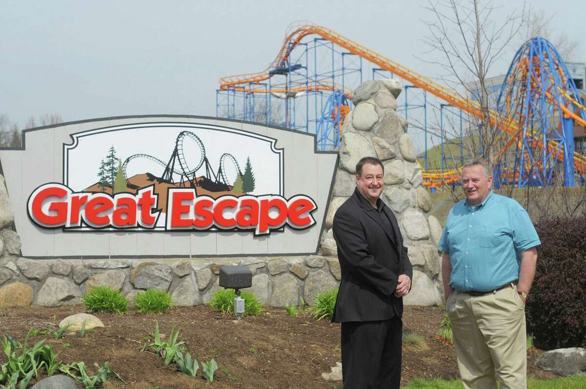 Don McCoy, left, president of the Great Escape Properties, and John Murphy, a manager with National Grid community and customer management department, pose for a photograph at the Great Escape on Monday, April 16, 2012 in Queensbury, NY. Murphy has worked closely with McCoy and the park with dealing with their electrical power needs. (Paul Buckowski / Times Union)