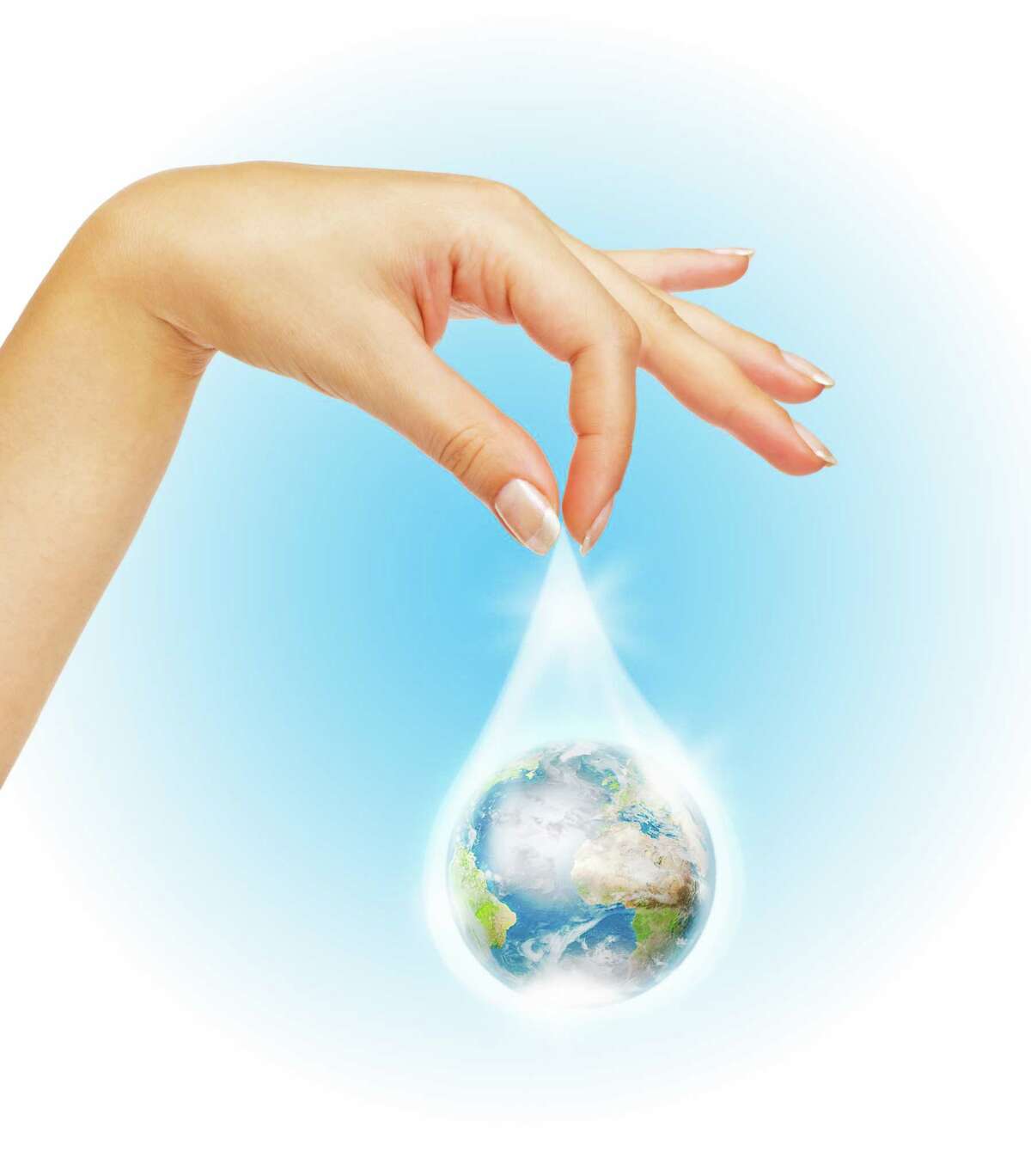 Drop of water with Earth inside and hand. The symbol of Save Planet