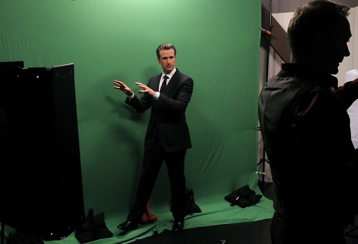 California Lt. Governor Gavin Newsom jokes around between takes while cutting some promotional clips at the Current TV studios in San Francisco, Calif., on Wednesday, April 18, 2012. San Francisco-based Current TV has turned to a new and photogenic host to spice up its lineup â€” Newsom, just weeks after its high profile split with talk show host Keith Olbermann.