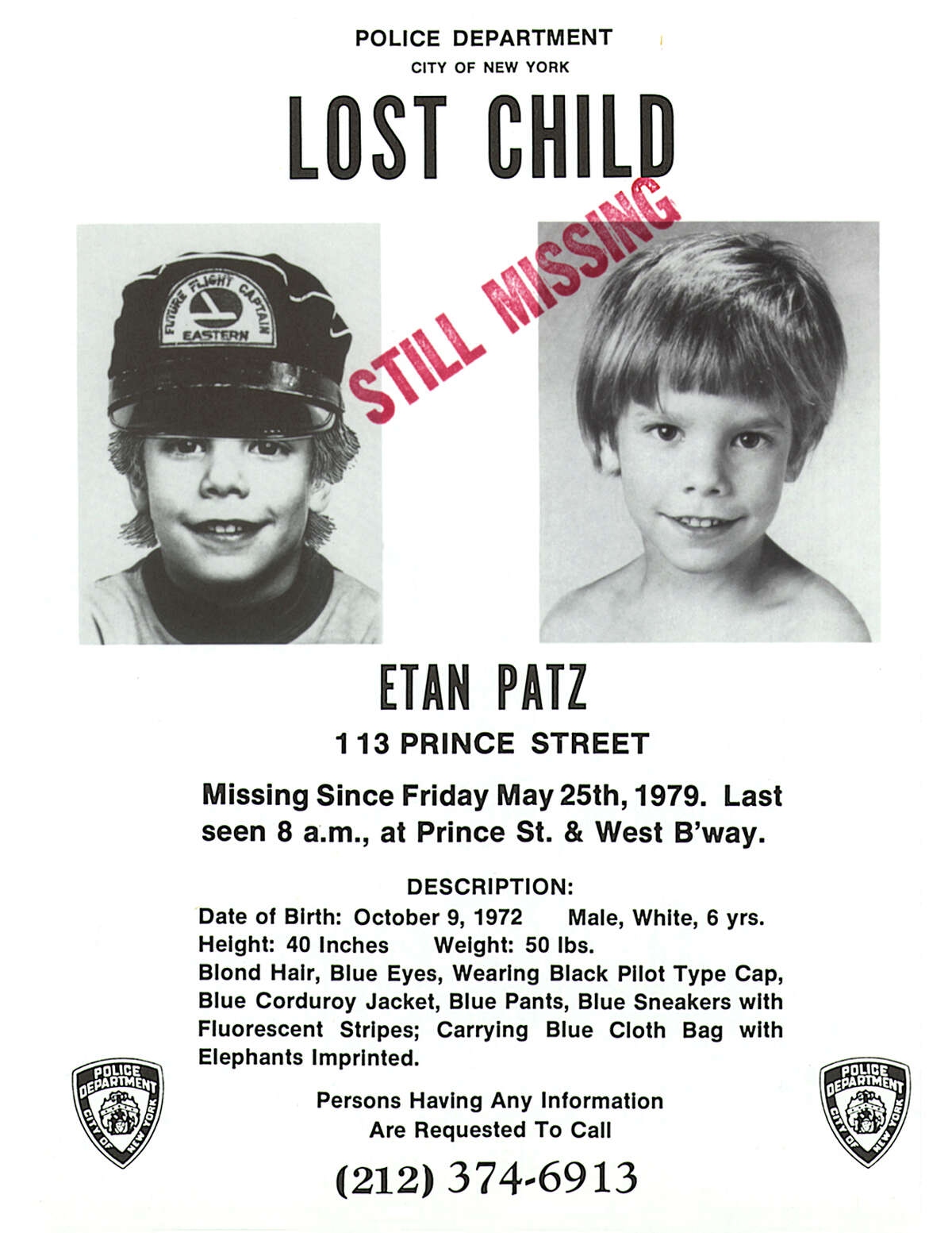 This undated file image provided May 28, 2010, by Stanley K. Patz shows a flyer distributed by the New York Police Department of Patz's son Etan who vanished on May 25, 1979, and has never been found, after leaving his family's SoHo home for a short walk to his school bus stop in New York. A team of police officers and FBI agents were digging up the basement of a building in Manhattan Thursday, April 19, 2012, about a block from where the family lived. Authorities didn't say what evidence led them to that location. (AP Photo/New York Police Department via Stanley K. Patz, File)