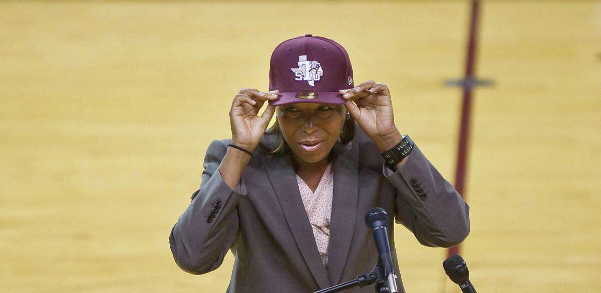 Cynthia Cooper-Dyke addresses the media after she was announced as Texas Southern University's women's basketball coach, Friday, April 20, 2012,H&PE Arena on the Texas Southern University campus in Houston. Cooper-Dyke says she's going to recruit the Houston area and Texas first and hopes that as the team wins games she can get some of the top players to commit to her program.