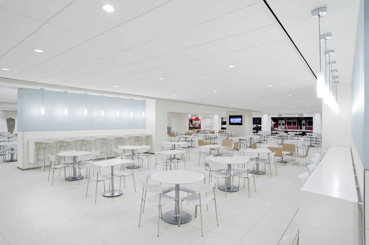 The renovated food court at the Allen Center office complex features tile flooring, a noise-dampening ceiling and other upgrades. The food court had not had any major improvements for two decades.