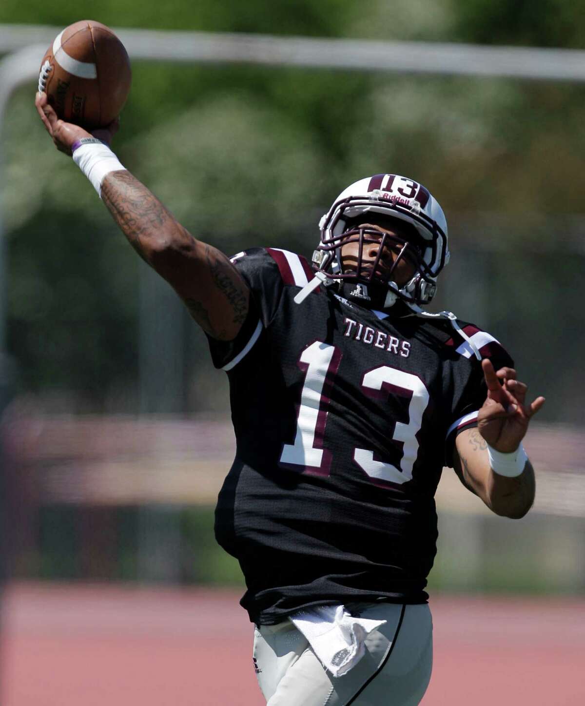 Texas Southern University Tiger's QB Riko Small makes a pass during the spring football game at TSU's Alexander Durley Stadium Saturday, April 21, 2012, in Houston.