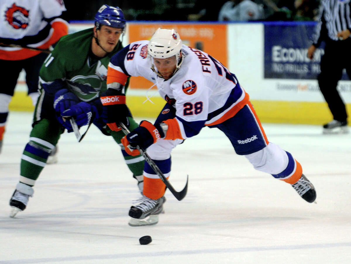 Sound Tigers #28 Trevor Frischmon goes after the puck, during hockey action against Connecticut Whale at the Webster Bank Arena in Bridgeport, Conn. on Saturday April 21, 2012.