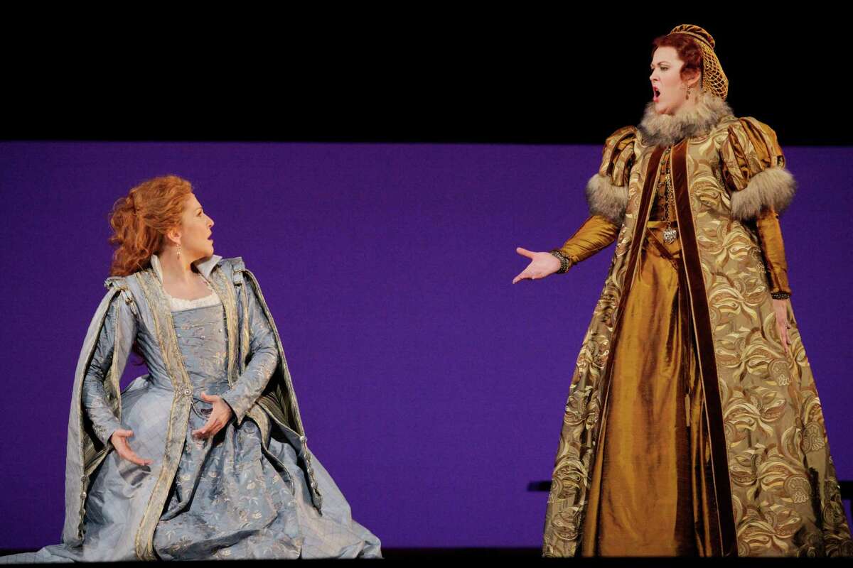 Joyce DiDonato, left, as Mary Stuart and Katie Van Kooten as Queen Elizabeth I in Houston Grand Opera's production of "Mary Stuart."