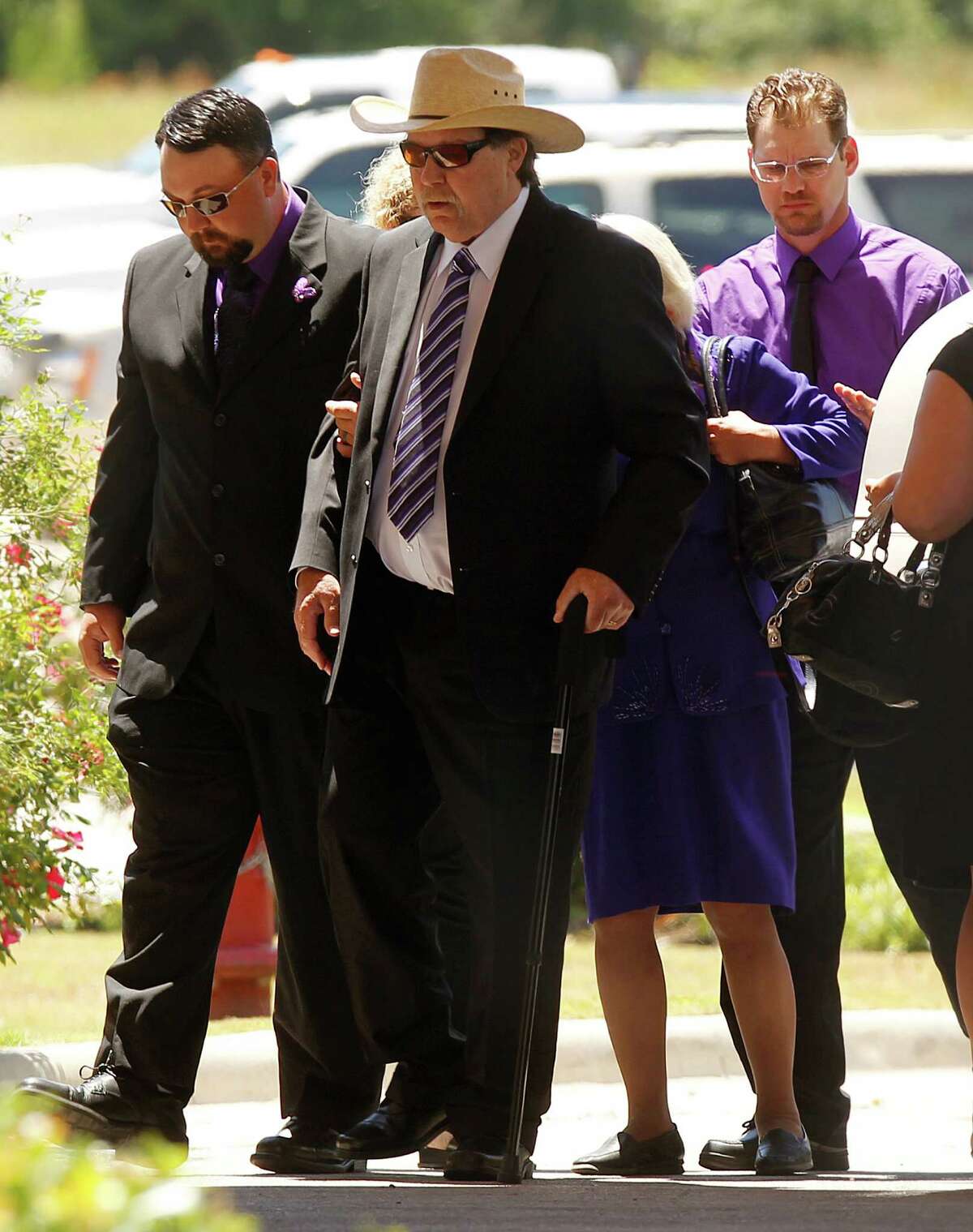 Father Wilson "Donnie" Golden walks in front of son-in-law Keith Schuchardt as the family arrives to the funeral service of Kala Marie Golden-Schuchardt at First Baptist Church on Tuesday, April 24, 2012, in Willis. Kala Marie Golden-Schuchardt passed away on Tuesday, April 17, 2012 in the Woodlands. Verna McClain is accused of shooting Kala Golden-Schuchardt to death as she was leaving the Northwoods Pediatric Center, and kidnapping Keegan Schuchardt.