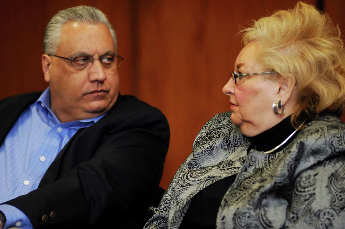 Joe Siciliano, director of parks and recreation, and Carmella Budkins, registrar of voters, at the Board of Selectmen's hearing March 1, 2012.