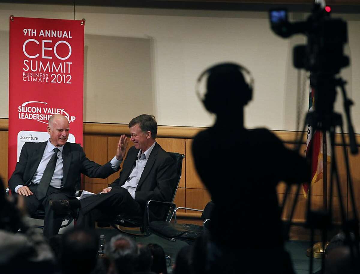 California Gov. Jerry Brown and Colorado Gov. John Hickenlooper appear on a panel to discuss competitiveness in a global economy at the 9th annual CEO Business Climate Summit in San Jose, Calif. on Tuesday, April 24, 2012.