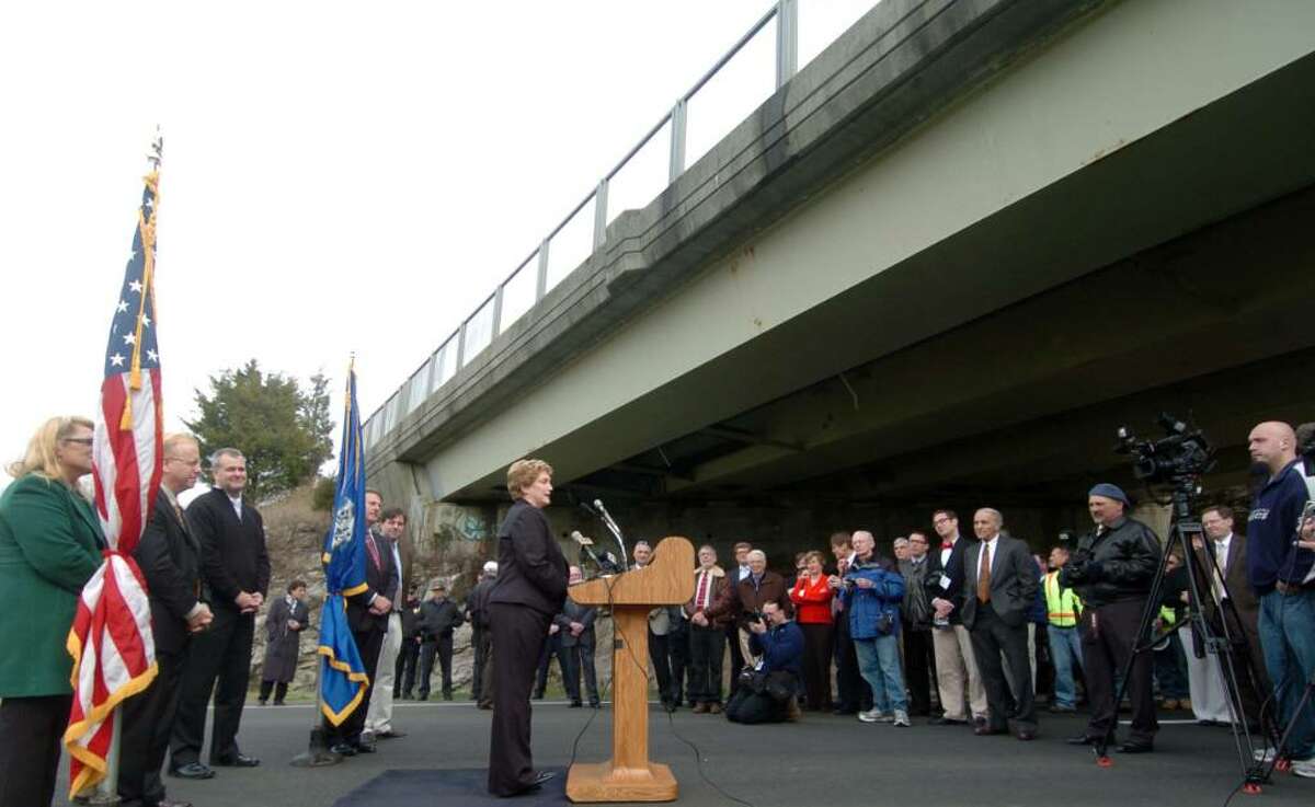 Governor M. Jodi Rell speaks at the ribbon-cutting ceremony for the opening of the long-awaited Route 7 bypass Thursday, Nov. 19, 2009.