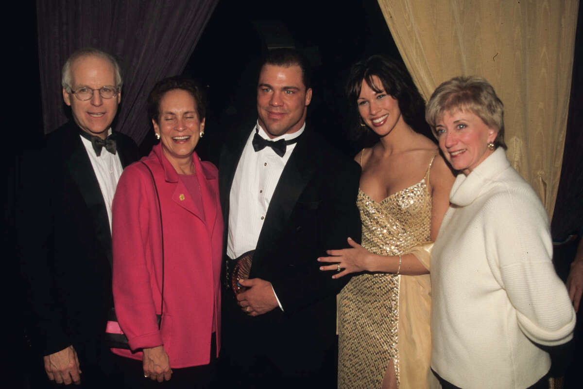 From left, then-U.S. Rep. Christopher Shays and his wife Betsi, then-WWE superstar Kurt Angle, Angle's then-wife Karen (the two have since split up), and then-WWE Chief Executive Linda McMahon at a SmackDown Your Vote gala in Washington, D.C., in January 2001.