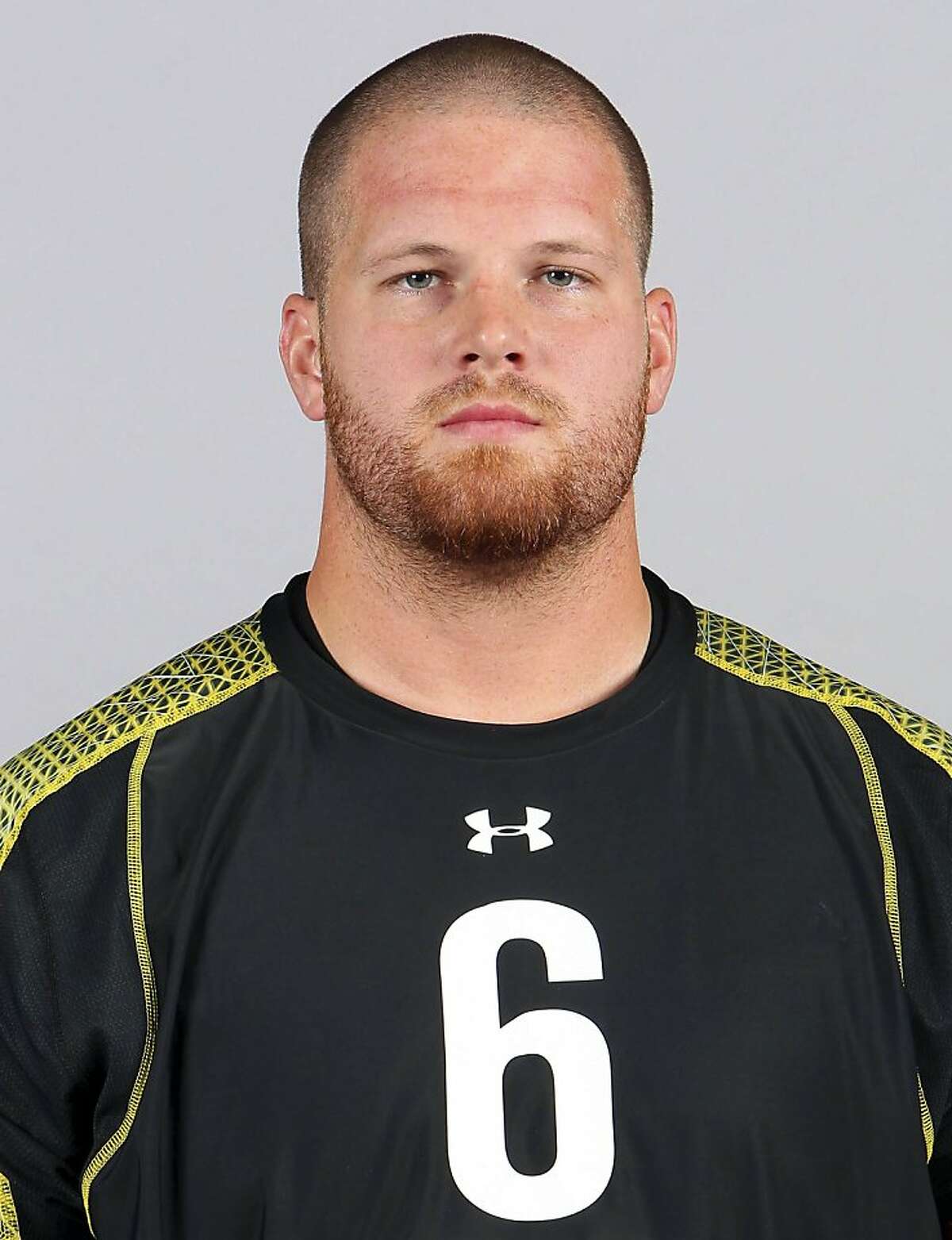 This Feb. 23, 2012, photo shows Utah offensive guard Tony Bergstrom during the NFL Scouting Combine at Lucas Oil Stadium in Indianapolis. Bergstrom was selected as the 95th pick overall by the Oakland Raiders in the third round of the NFL football draft at Radio City Music Hall, Friday, April 27, in New York.