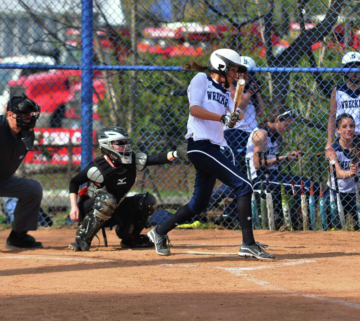 Staples' Nikki Bukovsky swings at a pitch earlier in the year. Bukovsky hit a home run and was 3-for-4 at the plate Friday in a 16-4 home loss to St. Joseph.