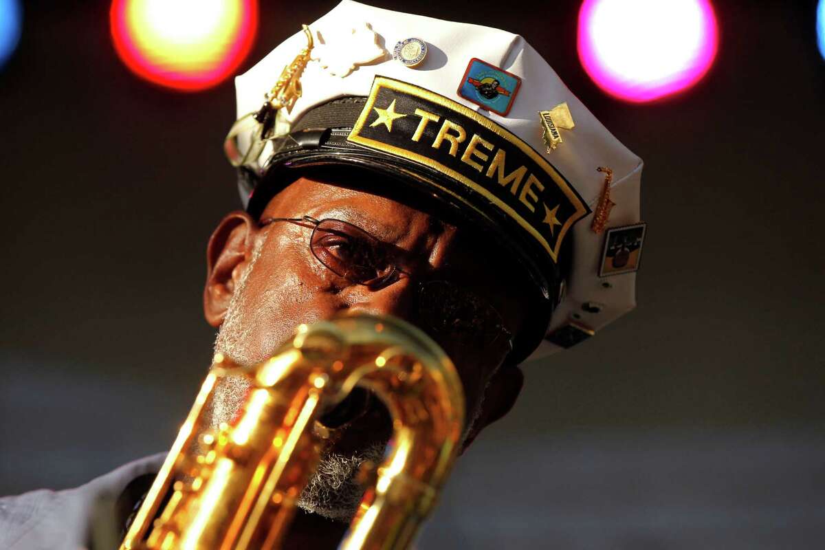 Roger Lewis with the Treme Brass Band perform at a sunrise concert marking International Jazz Day in New Orleans, Monday, April 30, 2012. The performance, at Congo Square near the French Quarter, is one of two in the United States that day; the other is in the evening in New York. Thousands of people across the globe are expected to participate in International Jazz Day, including events in Belgium, France, Brazil, Algeria and Russia. (AP Photo/Gerald Herbert)