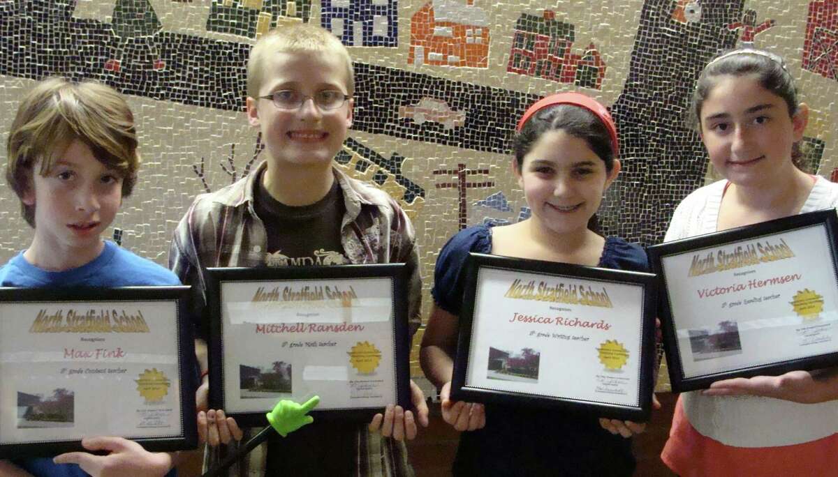 Four student teachers, all fifth-graders, took over classrooms at North Stratfield School on April 25 and received certificates for their performance in the program that came about through a PTA-sponsored auction. They are, from left, Max Fink, 11; Mitchell Ransden, 10; Jessica Richards, 11, and Victoria Hermsen, 10.