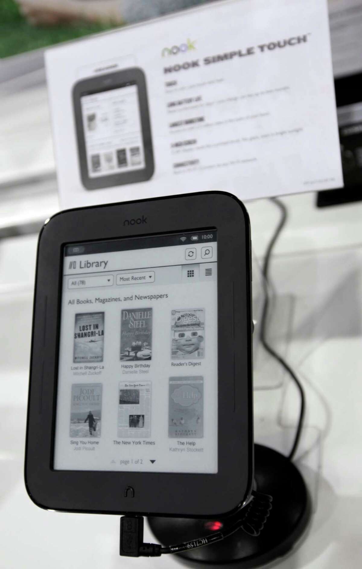 A Barnes & Noble Nook Simple Touch eReader on display at a Best Buy in Mountain View, Calif., Monday, April 30, 2012. An infusion of money from Microsoft Corp. sent Barnes & Noble Inc.'s stock zooming Monday, as the software giant established a way to get back into the e-books business. The two companies are teaming up to create a subsidiary for Barnes & Noble's e-book and college textbook businesses, with Microsoft paying $300 million for a minority stake.