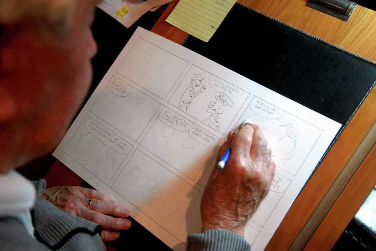 Mort Walker works on his Sunday Beetle Bailey strip in his studio at home in Stamford, Conn. on Monday April 30, 2012.
