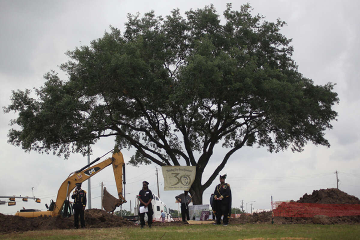 Members of the People's Party lll stand guard at the "tree if life" at OST and MLK. (Chronicle)