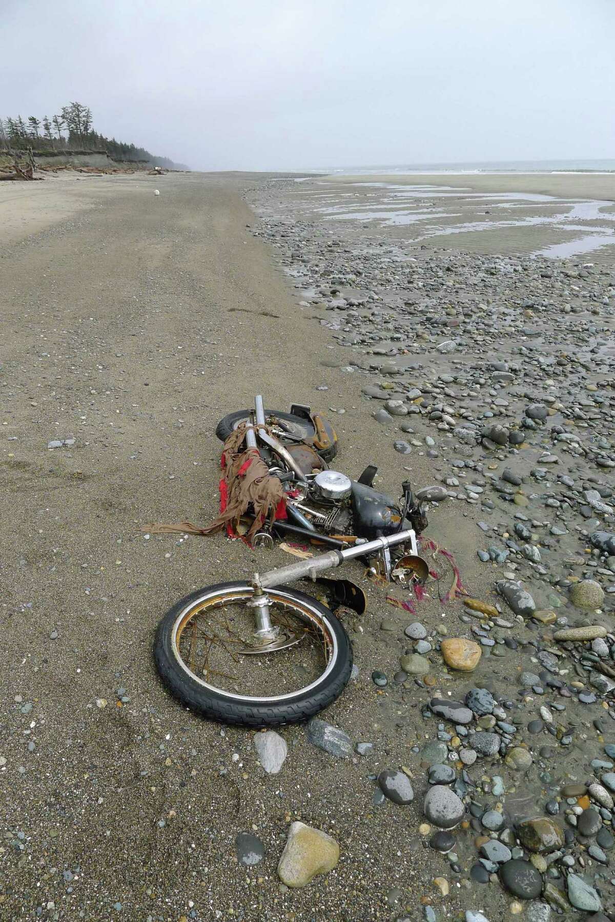 In this photo taken by Canadian Peter Mark in the end of April, 2012, and released on Wednesday, May 2, a motorbike lies on a beach in Graham Island, western Canada. It must have been a wild ride. Japanese media say a Harley-Davidson motorcycle lost in last year's tsunami has washed up on a Canadian island about 6,400 kilometers (4,000 miles) away. The rusted bike was found by Mark in a large white container where its owner, Ikuo Yokoyama, had kept it. Yokoyama, who lost three members of his family in the March 11, 2011, tsunami, was located through the license plate number, Fuji TV reported Wednesday. (AP Photo/Kyodo News, Peter Mark) JAPAN OUT, MANDATORY CREDIT, NO LICENSING IN CHINA, HONG KONG, JAPAN, SOUTH KOREA AND FRANCE