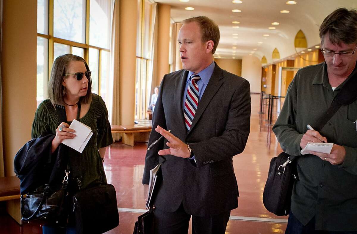 Attorney Charles Dresow talks with reporters outside the court room after his client, alleged Lamborghini thief, 17-year-old Max Wade, was arraigned in the Marin County Court House in San Rafael, Calif., on Tuesday, May 1st, 2012.