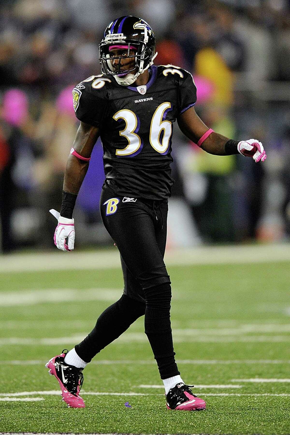 Baltimore Ravens defensive back Danny Gorrer walks across the field during the first half of an NFL football game against the New York Jets in Baltimore, Sunday, Oct. 2, 2011. (AP Photo/Nick Wass)