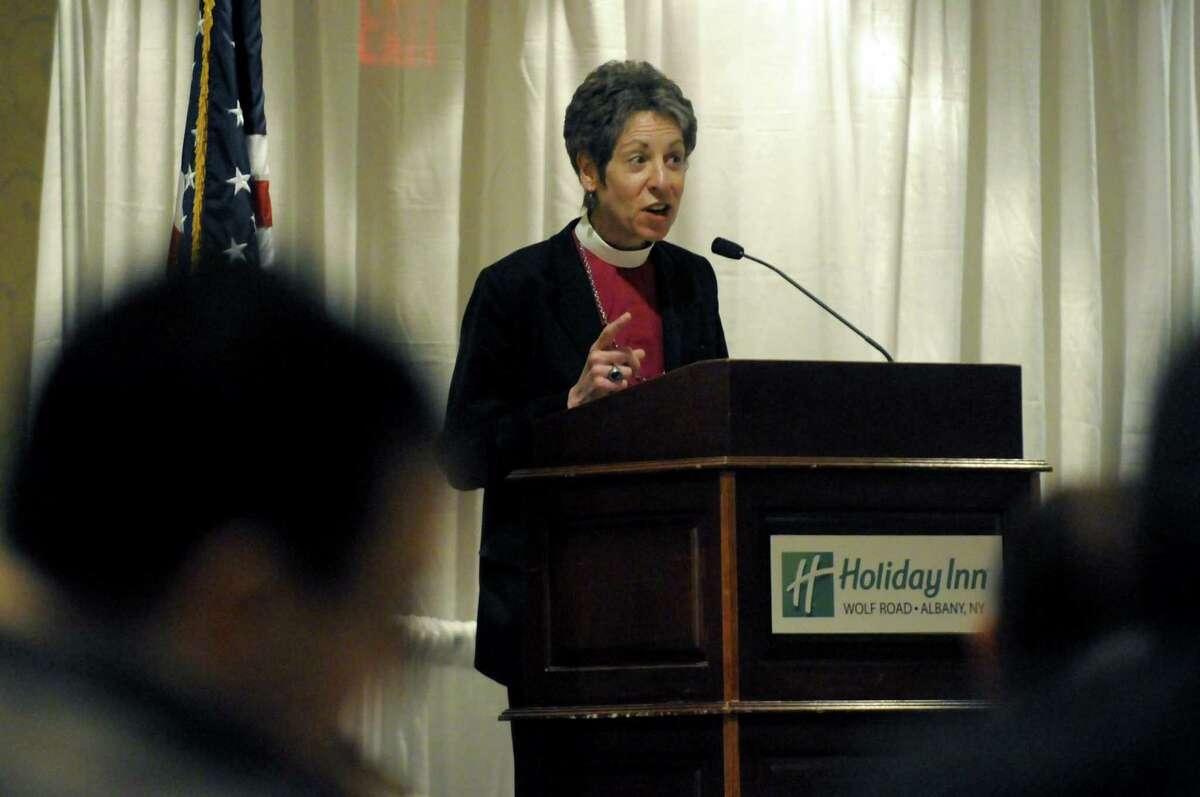 Episcopal Presiding Bishop Katharine Jefferts Schori addresses provincial synod preparing for triennial General Conference of the Episcopal Church at the Holiday Inn in Colonie N.Y. Friday May 4, 2012. (Michael P. Farrell/Times Union)