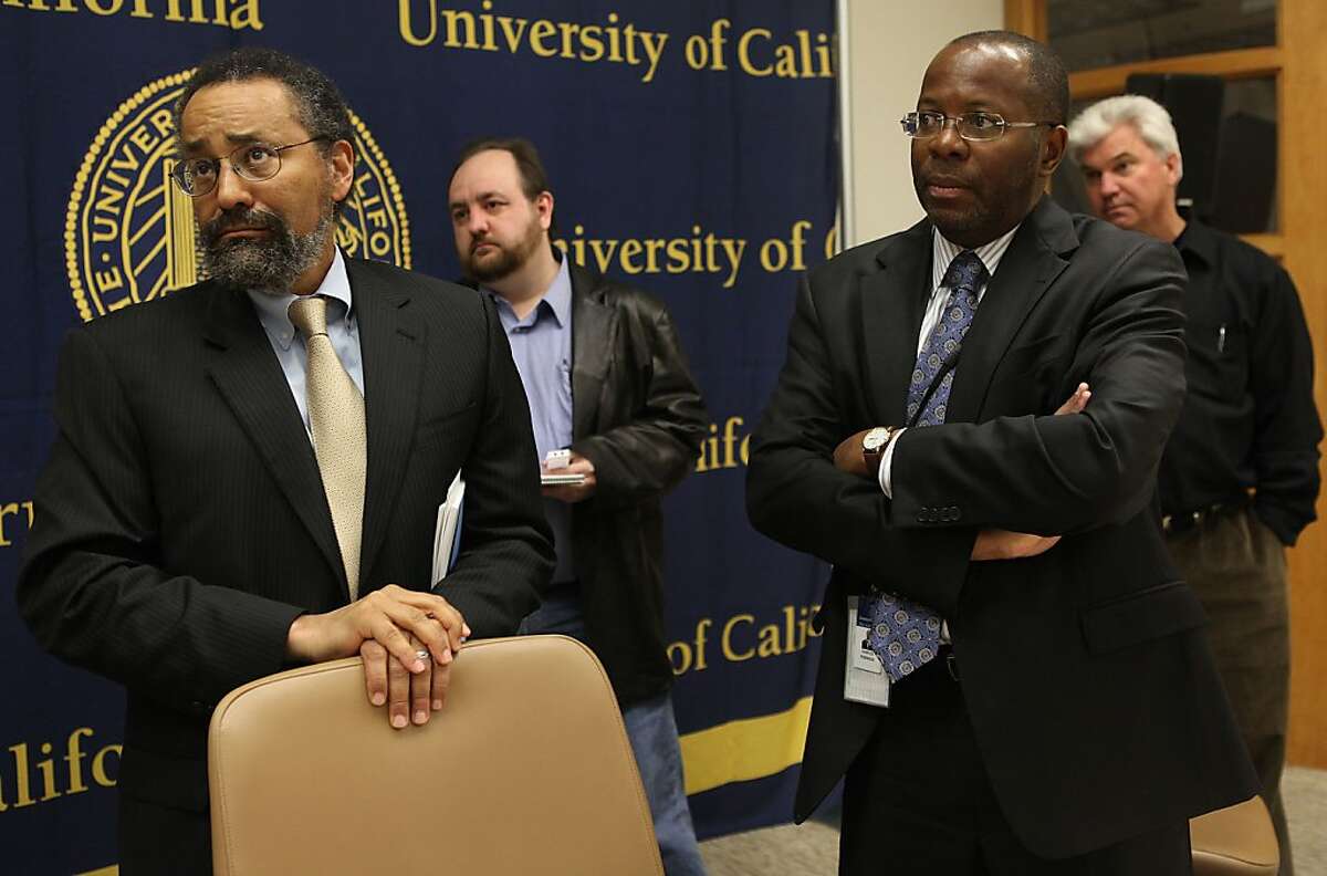 Dean and professor at the UC Berkeley School of Law Christopher F. Edley, Jr., (left) and vice president of the University of California Charles F. Robinson (right) answer questions on their report of an examination of police protocols and policies in responding to future UC protests and acts of civil disobedience at University of California offices in Oakland, Calif., on Friday, May 4, 2012.