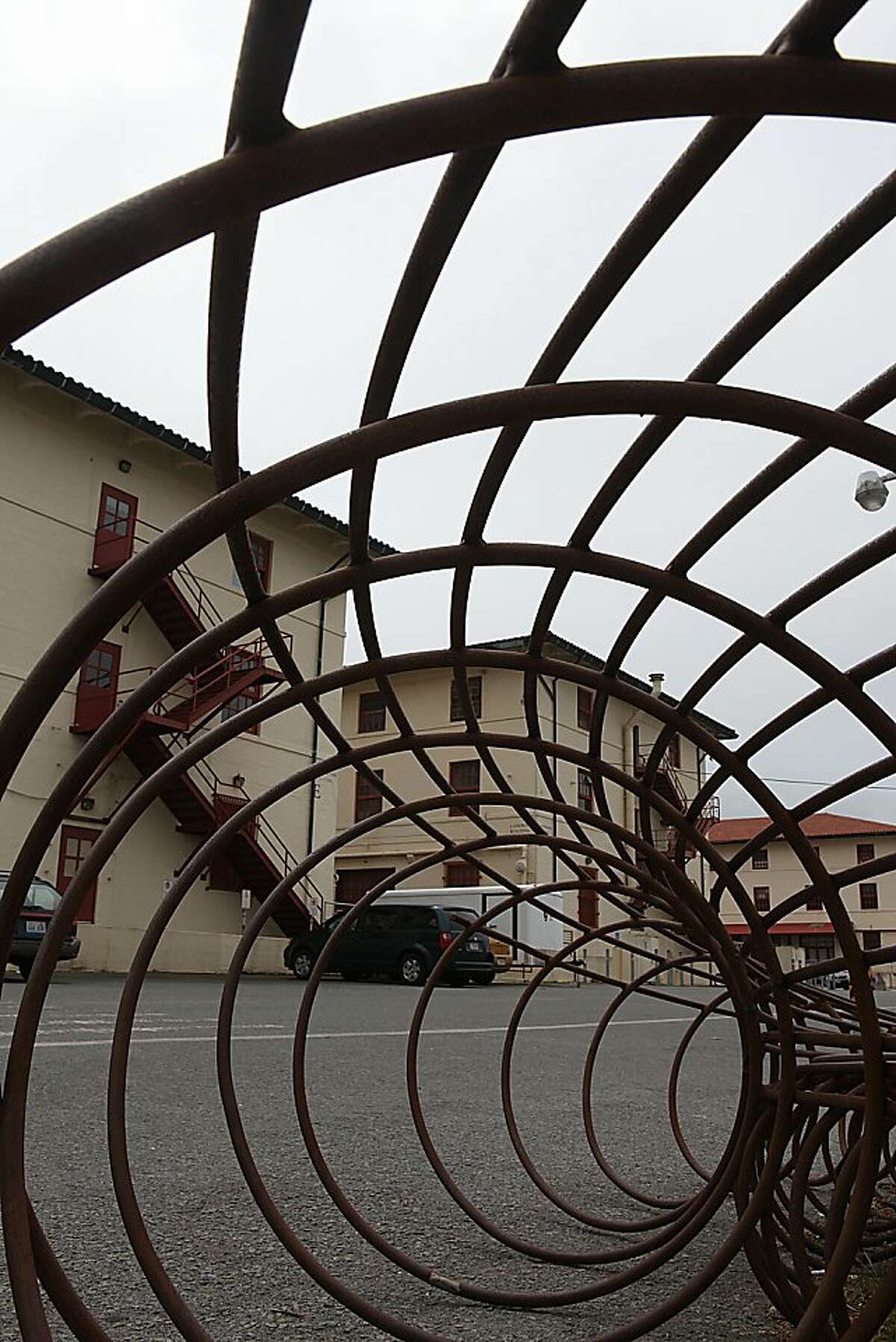 Fort Mason building centers seen through a seat sculpture by artist Jefferson Mack at Fort Mason center in San Francisco, Calif., on Wednesday, May 2, 2012.