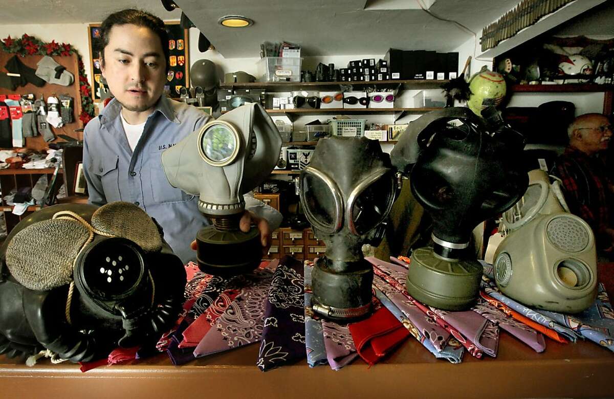 Co-manager, Mitchell Langon, on Friday May 4, 2012, with some of the items used by protesters. Berkeley Surplus Store in Berkeley, Ca. believes that it's store on San Pablo Ave. is a source of suppplies and equipment for many members of the Bay Area wide Occupy movement.