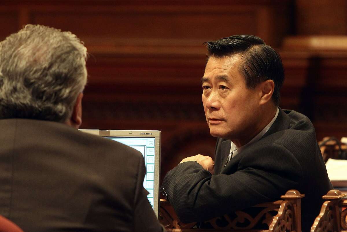 Senator Leland Yee- D of San Francisco,(right) and Senator Ron Calderon, of Montebello, in a discussion on the floor of the Senate Chamber at the State Capitol, in Sacramento, Ca., on Thursday May 3, 2012. When Californians go to the polls this year, first in next month's primary and then in the November election, they could do something that hasn't happened since the fallout from the Watergate scandal, give one party a supermajority in the Legislature.