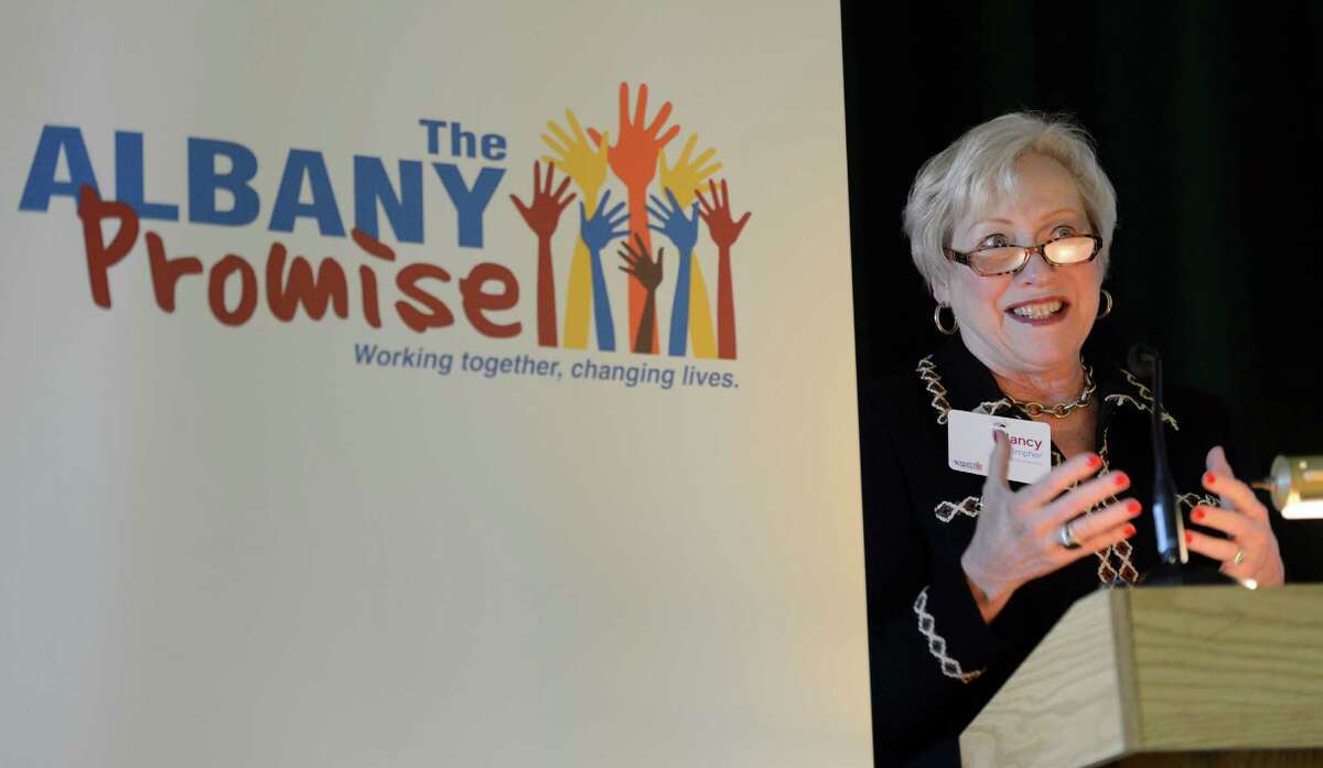 Nancy L. Zimpher, SUNY Chancellor speaks at the launch of the Albany Promise initiative which is aimed at improving educational opportunities for children from the region's poorest neighborhoods at an assembly at the Giffen Elementary School in Albany, N.Y. May 7, 2012. (Skip Dickstein / Times Union)