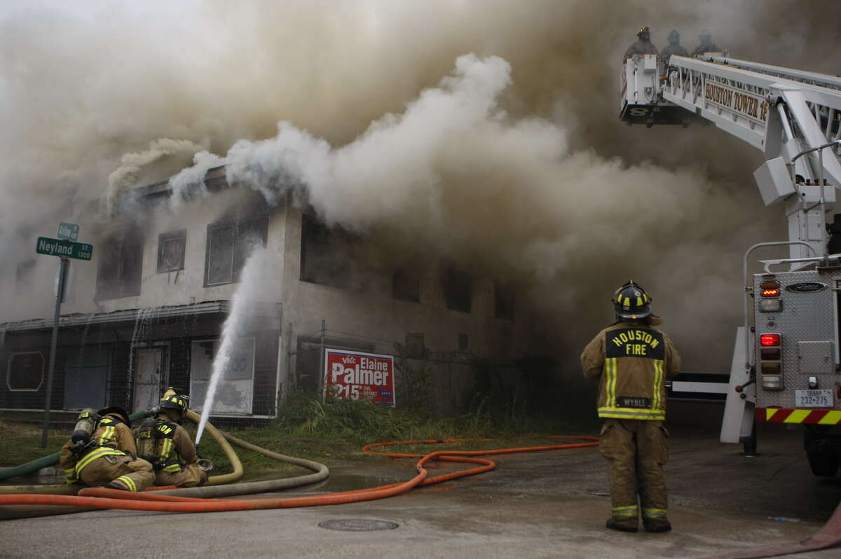 Firefighters battled a large fire at an abandoned building in north Houston Tuesday afternoon. The 2-alarm blaze broke out about 1:10  p.m. at 4100 Airline near Riggs, according to the Houston Fire Department.