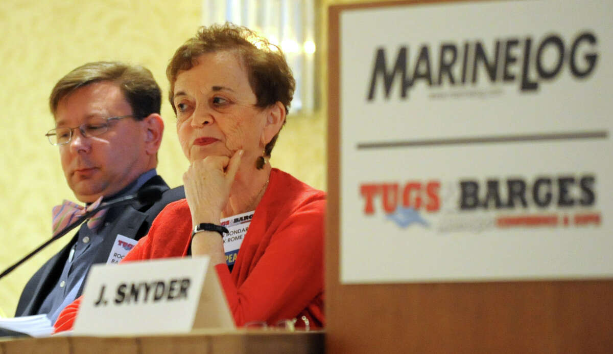 Joan Bondareff, attorney with Blank and Rome, speaks during the Tugs and Barges event at the Stamford Marriott on Tuesday, May 8, 2012.