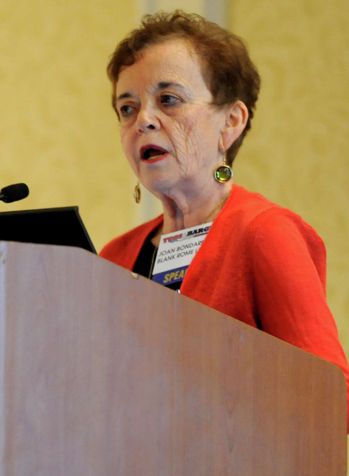 Joan Bondareff, attorney with Blank and Rome, speaks during the Tugs and Barges event at the Stamford Marriott on Tuesday, May 8, 2012.
