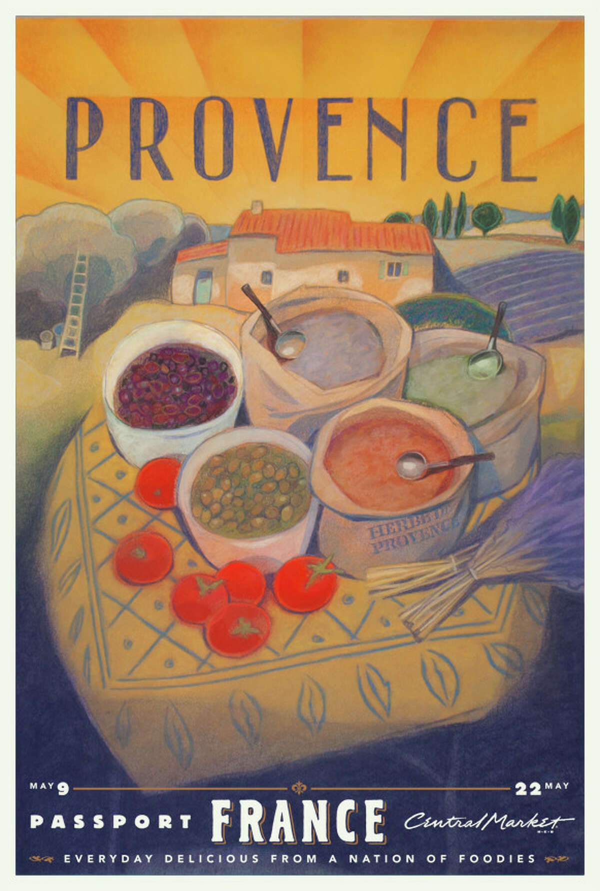 Central Market created special artwork to publicize its Passport France, a two-week in-store promotion highlighting food and wine of France.