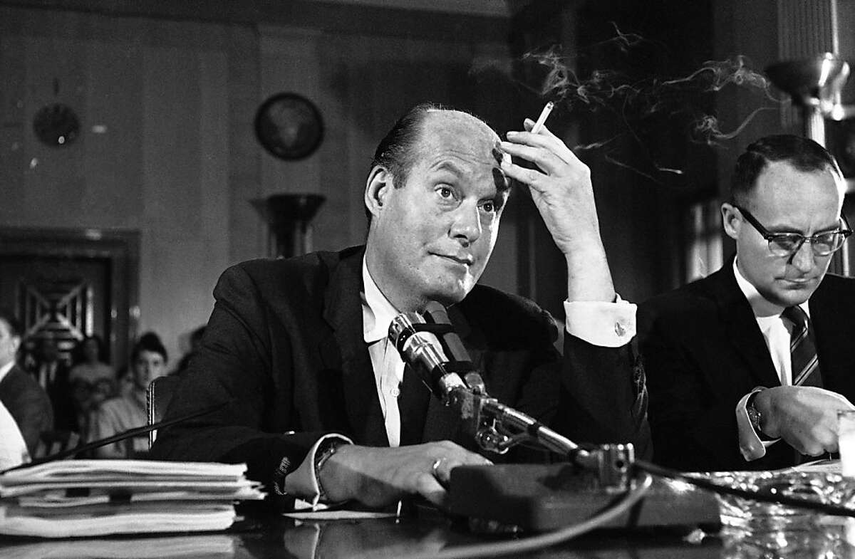 FILE - In this Aug. 17, 1967 file photo, Undersecretary of State Nicholas Katzenbach testifies before the Senate Foreign Relations Committee which is studying a resolution aimed at giving Congress more power in foreign affairs, saying that the President has the top foreign affairs power under the Constitution. Katzenbach, who held influential posts in the Kennedy and Johnson administrations and played a prominent, televised role in federal desegregation efforts in the South, died Tuesday, May 8, 2012. He was 90. (AP Photo/Henry Griffin)