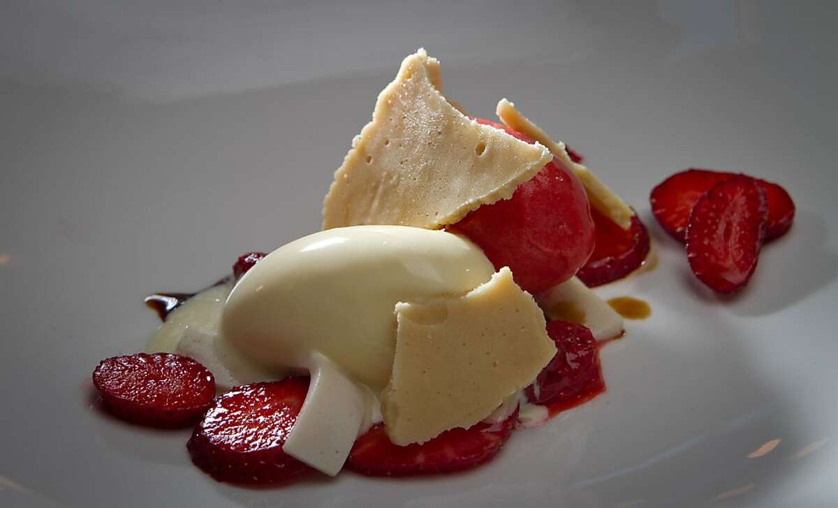 Strawberries with smoked milk ice cream and short bread at Central Kitchen in San Francisco, Calif., is seen on Wednesday May 9th, 2012.