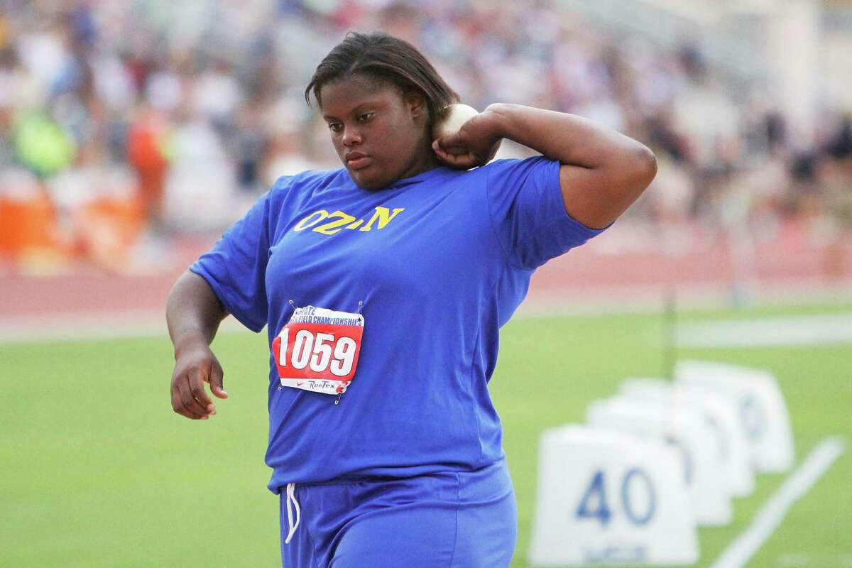 Ozen's Nekia Jones competes in the 4A girls shot put during the UIL Track & Field State Championships at Mike A. Myers Stadium at the University of Texas at Austin. May 11, 2012. Valentino Mauricio/The Enterprise