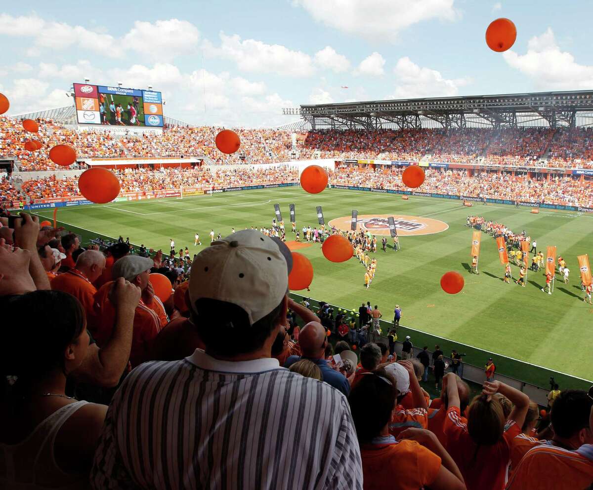 The end of the National Anthem before the Houston Dynamo face the D.C. United in a MLS match during opening day at BBVA Compass Stadium Saturday, May 12, 2012, in Houston.