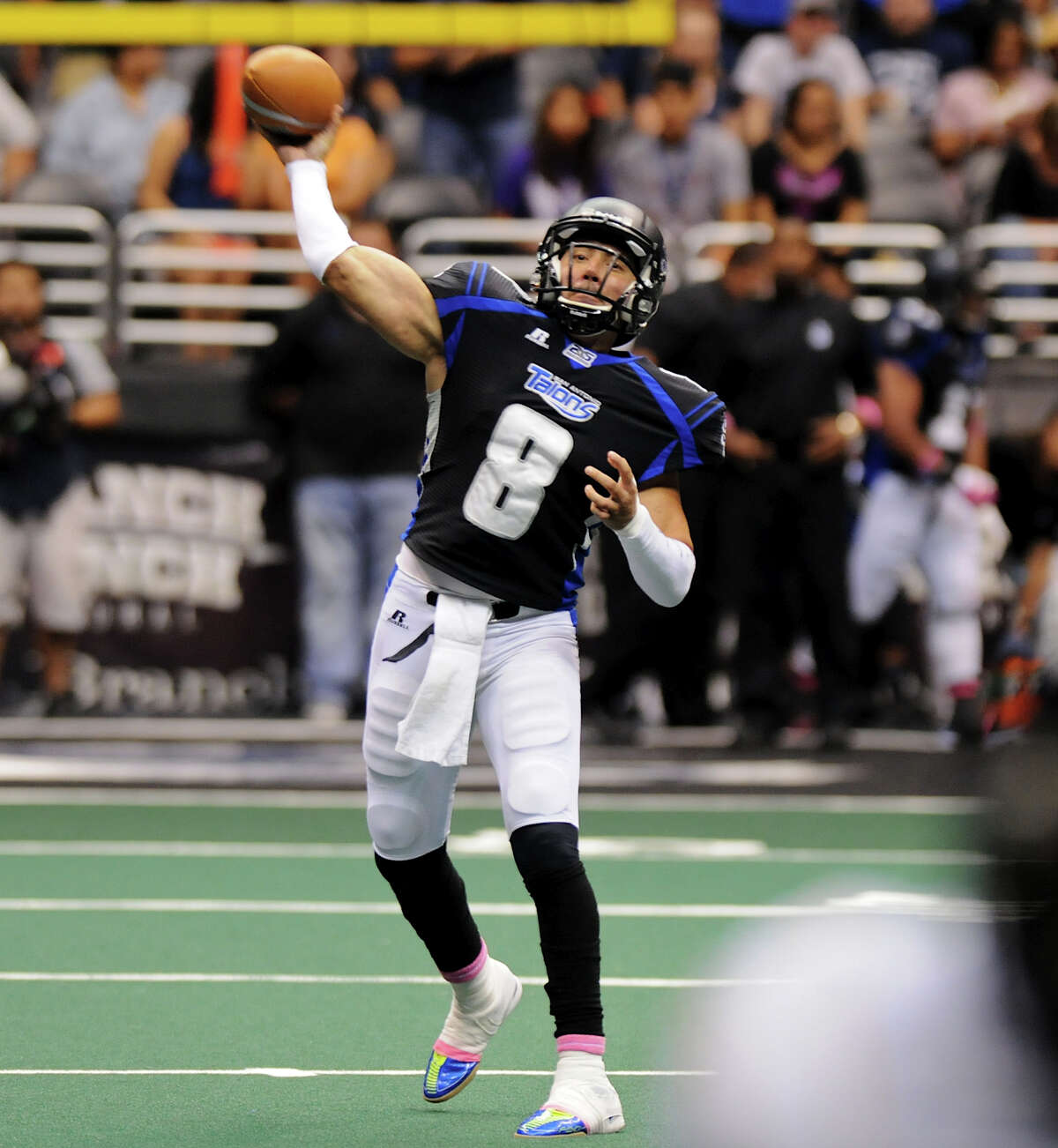 San Antonio Talons quarterback Aaron Garcia (8) throws a touchdown pass during an Arena Football League (AFL) game between the San Antonio Talons and the Pittsburgh Power on May 12, 2012 at the Alamodome in San Antonio Texas. John Albright / Special to the Express-News.