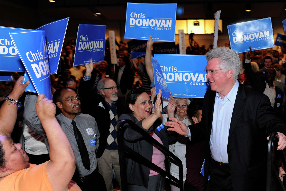 House Speaker Chris Donovan takes to the stage to accept the Democratic nomination for congress in the 5th congressional district, Monday night in Waterbury, Ct., May 14, 2012.