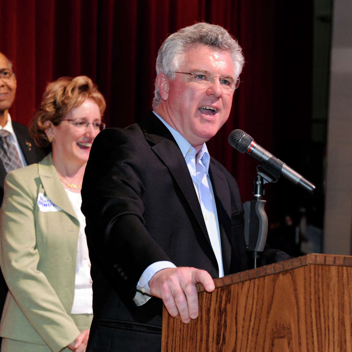House Speaker Chris Donovan, with wife Niki, left, accepts the Democratic nomination for congress in the 5th congressional district Monday night in Waterbury, Ct., May 14, 2012.