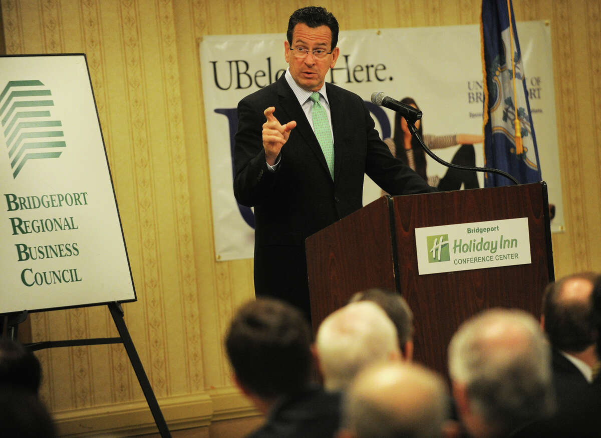 Gov. Dannel P. Malloy gives the keynote address at the Bridgeport Regional Business Council's Capital Breakfast at the Holiday Inn in Bridgeport on Tuesday, May 15, 2012.