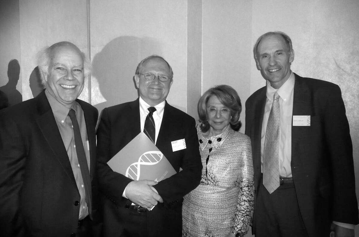 Barbara Netter of Greenwich, co-founder of the Alliance for Cancer Gene Therapy, met with members of her Scientific Advisory Council, Dr. Dusty Miller, far left, and Dr. Michael Lotze, and with Dr. Carl June, right, at the 10th anniversary celebration of ACGT, which was held recently at the Hyatt Regency in Greenwich.