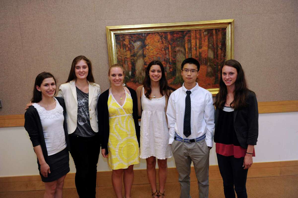 Winners of the third annual Greenwich Diversity Writing Contest on Tuesday, May 15, 2012, at Greenwich Library, from left: Emily Hirshorn, a freshman at Convent of the Sacred Heart who earned honorable mention honors; Morgan Kennedy, a junior at Convent of the Sacred Heart who was the second-place winner; Chloe Volkwein, a junior at Greenwich High School who won first place; Chloe Potsklan, a junior at Greenwich High School who was an honorable mention finalist; Robert Cheng, a junior at Greenwich High School who was an honorable mention finalist; and Cate Wright, a junior at Convent of the Sacred Heart who was third place.