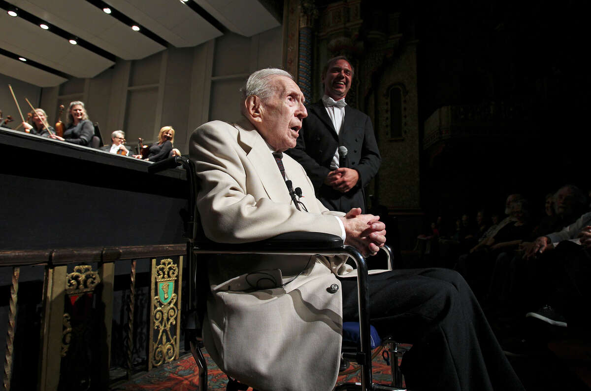 Renowned writer Jacques Barzun addresses the audience at a San Antonio Symphony concert held in his honor Tuesday night, May 15, 2012. Music Director Sebastian Lang-Lessing stands to his left.